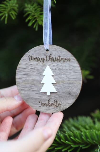 Personalized Wooden Christmas Ornament Engraved Walnut Wood, Acrylic Embellishment - image 1