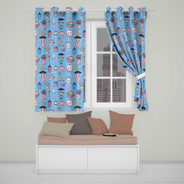 Cute Kawaii Graduation Student Art Supplies Blue Seamless Pattern Readymade Eyelet Ring Top Thermal 100% Blackout Curtains - image 1