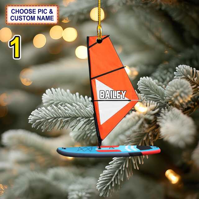 Custom Name Windsurf Board & Sail Personalized Ornament, Christmas Tree Hanging Decor, 2D Flat Ornament - image 1