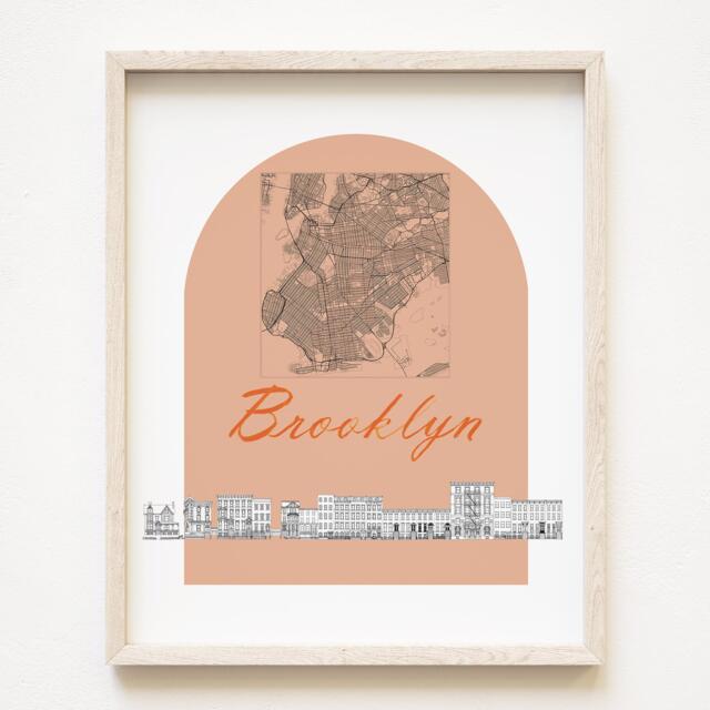 Brooklyn Streetscape + Map Drawing Clinton Hill New York City Plan - Art Print Wedding Realtor Moving Gift Travel Souvenir Local Decor - image 1