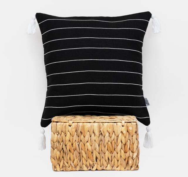 60% Off Sample Sale - Size 16x16Inches, Black & White Stripe Linen Pillow Cover, Striped Cushions Covers With Boho Tassel - image 1