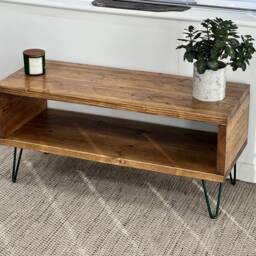Handmade Reclaimed Wood Tv Stand - Rustic Industrial Scaffold Board Media Unit With Hairpin Legs - thumbnail 2
