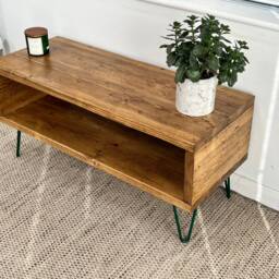 Handmade Reclaimed Wood Tv Stand - Rustic Industrial Scaffold Board Media Unit With Hairpin Legs - thumbnail 3