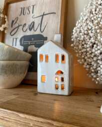 Small White Ceramic House Tealight Holder - Wax Lantern Decor Cosy Winter Home Accessories - thumbnail 1