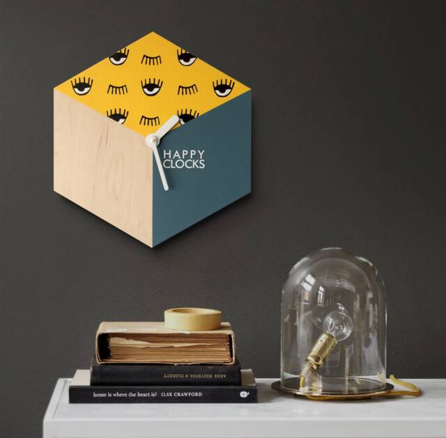 Hexagonal Wall Clock Minimalist Woodwork, Yellow & Teal Decor - image 1