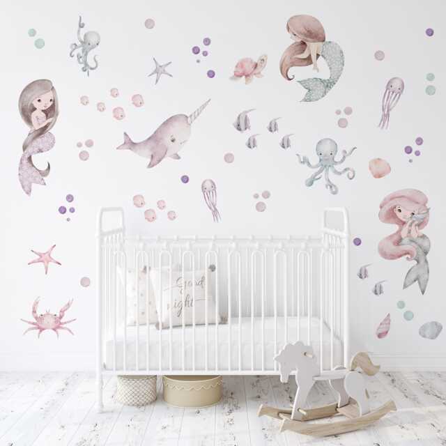 Mermaid Wall Stickers For Girl's Room, Nursery Decor, Art, Sea Animals Decal, Under The Decals - image 1