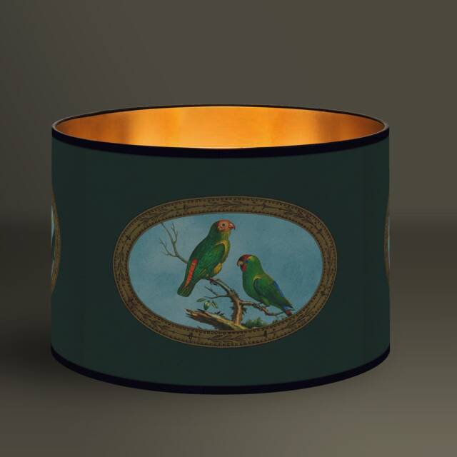 Lampshade Green Elegance Nature, Colorful Parrots & Classic Border, Refined Luminaire, Brushed Gold Interior, Warm Indoor Lighting - image 1