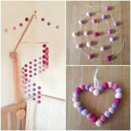Nursery Decor Set - Pink & Purple Felt Ball, Bright Coloured Wool Children Room Decoration, Including Mobile, Garland, Heart Wall Hanging - thumbnail 2