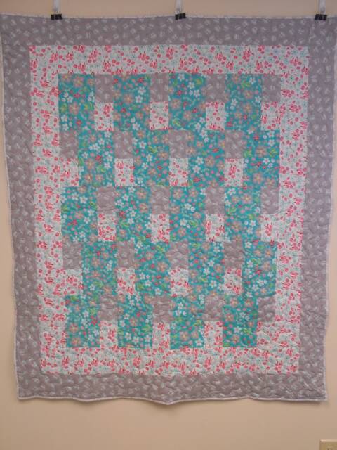 "Handmade Teal, Pink & Gray Throw Quilt - 54"" X 64" - image 1