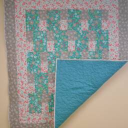"Handmade Teal, Pink & Gray Throw Quilt - 54"" X 64" - thumbnail 3