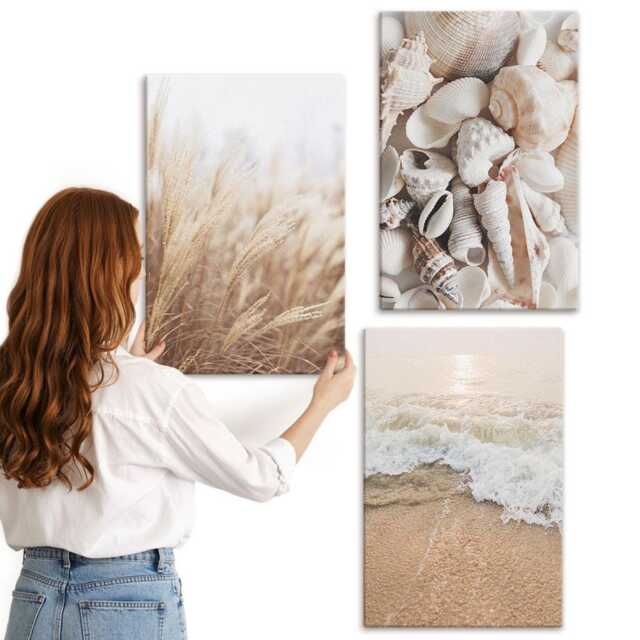 Canvas Set Of 3 - Beach Motifs With Shells & Sea Waves, Beige Wall Art Large, Landscapes Hanging Piece - image 1