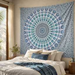 Blue Teal Mandala Tapestry, Floral Boho Wall Hanging, Coastal Bedroom Decor, Indian Meditation Fabric Art, Cotton 54x84 & 84x90 Inch