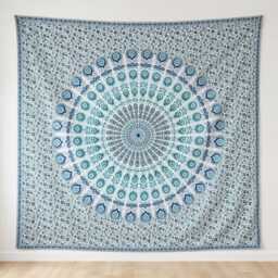 Blue Teal Mandala Tapestry, Floral Boho Wall Hanging, Coastal Bedroom Decor, Indian Meditation Fabric Art, Cotton 54x84 & 84x90 Inch - thumbnail 4