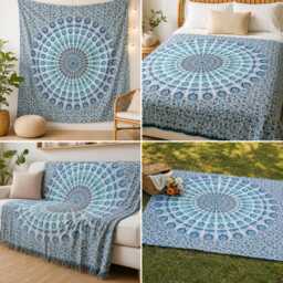 Blue Teal Mandala Tapestry, Floral Boho Wall Hanging, Coastal Bedroom Decor, Indian Meditation Fabric Art, Cotton 54x84 & 84x90 Inch - thumbnail 2