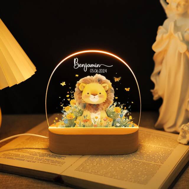 Cute Lion Baby Night Light, Baby Gift Birth With Name, Christening Gift, Birthday Gift, Newborn Baptism Gift, Night Light Baby, Nursery Decor - image 1
