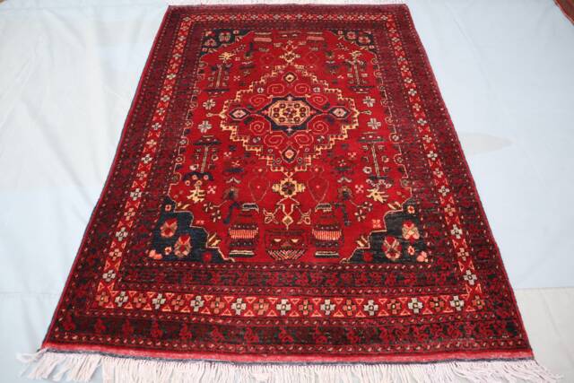 Vintage Afghan Area Rug 3'6x5'3 Ft, Turkmen Handmade Authentic Wool Rug, Tribal Bukhara Oriental Antique Red Living Room Carpet 4x6 - image 1