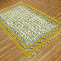 Yellow Cotton Area Rug - Hand Block Print Indian Carpet - thumbnail 3