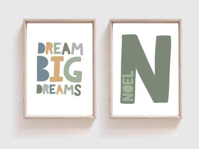 2 Boys Nursery Prints, Personalised Name Dream Big Dreams, Quotes, Wall Art, Bedroom, Green Mustard Grey - image 1