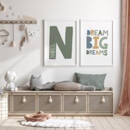 2 Boys Nursery Prints, Personalised Name Dream Big Dreams, Quotes, Wall Art, Bedroom, Green Mustard Grey - thumbnail 3
