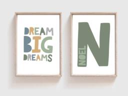 2 Boys Nursery Prints, Personalised Name Dream Big Dreams, Quotes, Wall Art, Bedroom, Green Mustard Grey - thumbnail 1