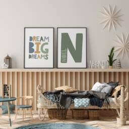 2 Boys Nursery Prints, Personalised Name Dream Big Dreams, Quotes, Wall Art, Bedroom, Green Mustard Grey - thumbnail 2
