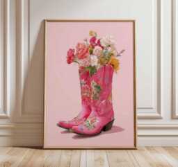 Pink Cowboy Boots Floral Poster - Western Country Art Print Feminine Boho Wall Cowgirl Flower Decor Rustic Chic - thumbnail 1