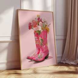 Pink Cowboy Boots Floral Poster - Western Country Art Print Feminine Boho Wall Cowgirl Flower Decor Rustic Chic - thumbnail 2