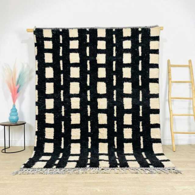 Moroccan Black & Cream Berber Rug, Handwoven Wool Shag Grid & Square Motifs, Authentic Beni Ourain Style Carpet, Large 9x12 Area Rug - image 1
