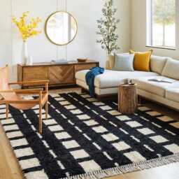 Moroccan Black & Cream Berber Rug, Handwoven Wool Shag Grid & Square Motifs, Authentic Beni Ourain Style Carpet, Large 9x12 Area Rug - thumbnail 2