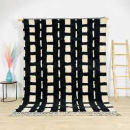 Moroccan Black & Cream Berber Rug, Handwoven Wool Shag Grid & Square Motifs, Authentic Beni Ourain Style Carpet, Large 9x12 Area Rug