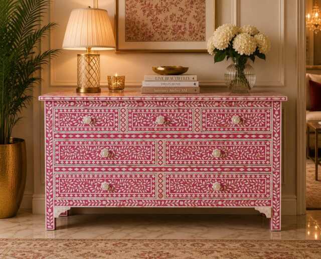 Mother Of Pearl Inlay Dresser Pink Floral Pattern Chest 7 Drawers - image 1