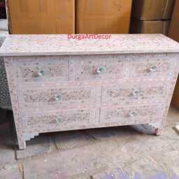 Mother Of Pearl Inlay Dresser Pink Floral Pattern Chest 7 Drawers - thumbnail 4