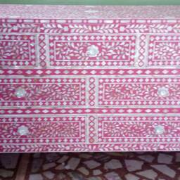 Mother Of Pearl Inlay Dresser Pink Floral Pattern Chest 7 Drawers - thumbnail 2