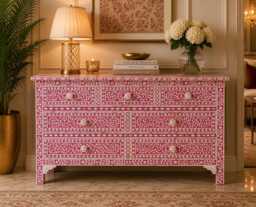 Mother Of Pearl Inlay Dresser Pink Floral Pattern Chest 7 Drawers - thumbnail 1