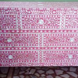 Mother Of Pearl Inlay Dresser Pink Floral Pattern Chest 7 Drawers - thumbnail 3