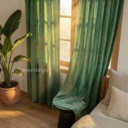 Sage Green Cotton Velvet Curtain Semi Blackout, Custom Size - thumbnail 3