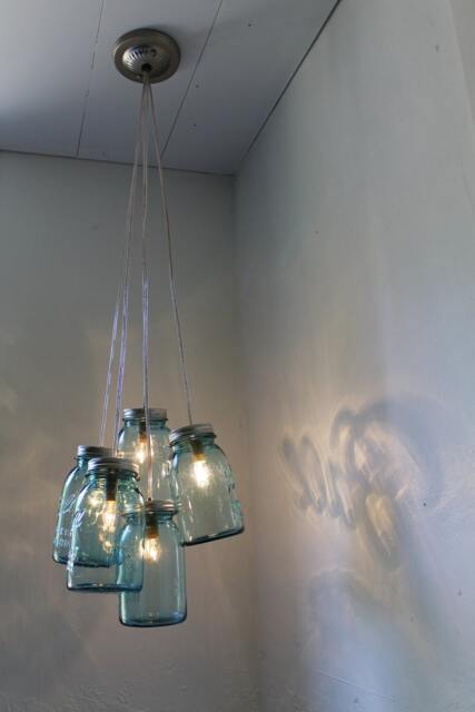 Mason Jar Chandelier, 5 Antique Aqua Blue Ball Jars Upcycled Into A Hanging Pendant Lighting Fixture, Bootsngus Lamps, Bulbs Included - image 1