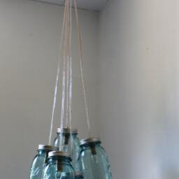 Mason Jar Chandelier, 5 Antique Aqua Blue Ball Jars Upcycled Into A Hanging Pendant Lighting Fixture, Bootsngus Lamps, Bulbs Included - thumbnail 4