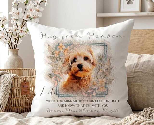 Personalised Dog Photo Memorial Cushion Optional Book Memory Gift , Hug From Heaven Quote Pillow - image 1