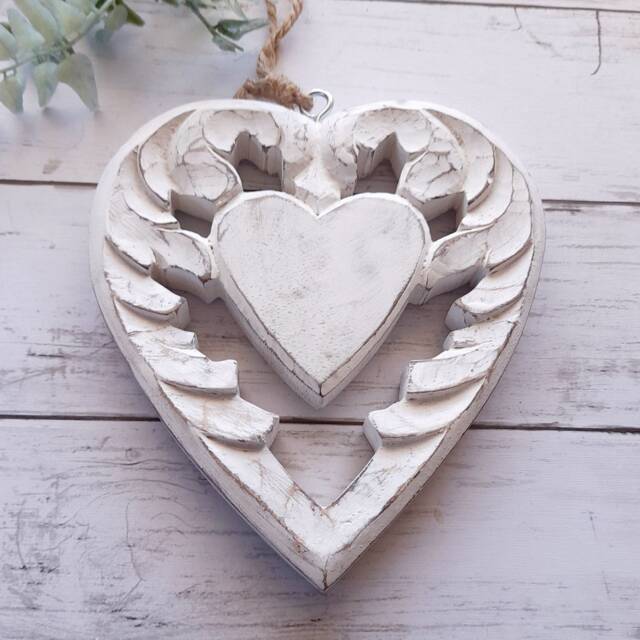 Large Wooden White Chunky Carved Winged Rustic Hanging Heart - Decoration Wall Decor - image 1