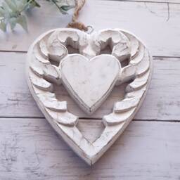 Large Wooden White Chunky Carved Winged Rustic Hanging Heart - Decoration Wall Decor - thumbnail 1
