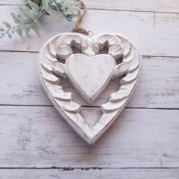 Large Wooden White Chunky Carved Winged Rustic Hanging Heart - Decoration Wall Decor - thumbnail 2