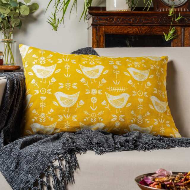 Scandinavian Birds Xl Rectangular Cushion. Modern Ochre Yellow With & Geometric Floral Design. Made From 100% Cotton. 23X15 - image 1