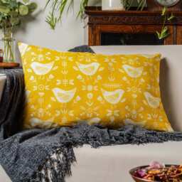 Scandinavian Birds Xl Rectangular Cushion. Modern Ochre Yellow With & Geometric Floral Design. Made From 100% Cotton. 23X15 - thumbnail 1