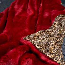 Handmade Wine Faux Fur Throw Leopard Velboa Lining, Cozy Blanket - 150cm - thumbnail 3