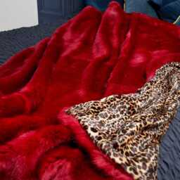 Handmade Wine Faux Fur Throw Leopard Velboa Lining, Cozy Blanket - 150cm - thumbnail 4