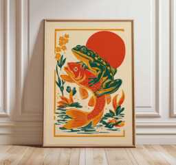 Frog & Koi Fish Poster, Japanese Art Print, Botanical Wall Art, Whimsical Animal Illustration, Orange Green Decor, Design - thumbnail 1