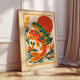 Frog & Koi Fish Poster, Japanese Art Print, Botanical Wall Art, Whimsical Animal Illustration, Orange Green Decor, Design - thumbnail 2