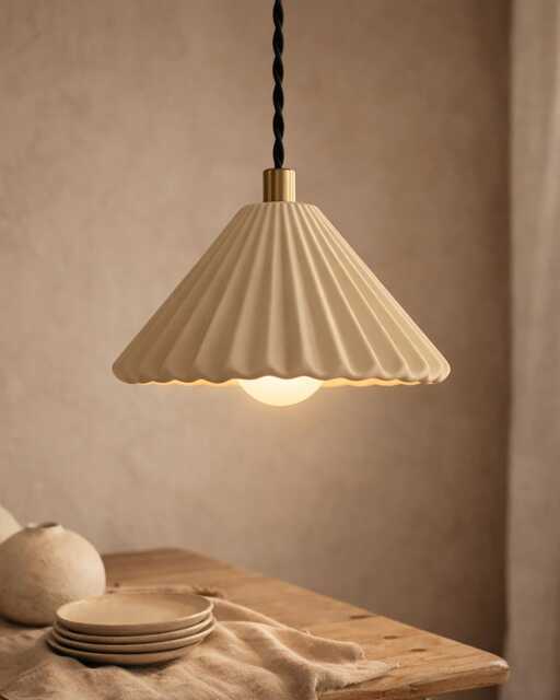 Small Picco - Ceramic Pendant Ceiling Light Handmade Minimalist Pleated Hanging Fixture in Natural Dune - image 1