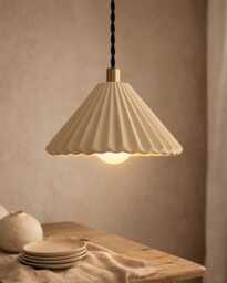 Small Picco - Ceramic Pendant Ceiling Light Handmade Minimalist Pleated Hanging Fixture in Natural Dune - thumbnail 1